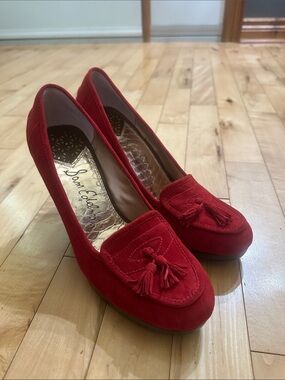 Like New Sam Edelman Red Suede Tassel Chunky Heels